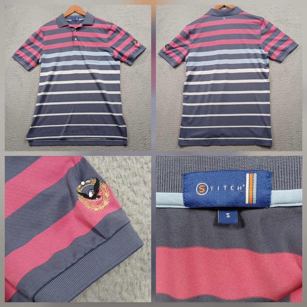 Stitch Golf Polo Shirt Mens Small Pink Navy Striped Performance Bird Crest‎